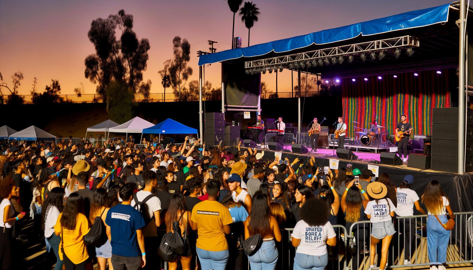 Envision a vibrant concert unfolding in the warm glow of a sunset over Los Angeles. A spacious outdoor stage bedecked with colorful lights and a banne